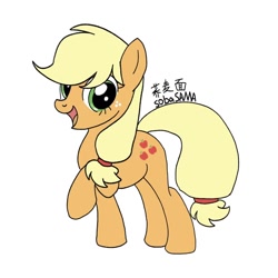 Size: 1080x1080 | Tagged: artist needed, safe, derpibooru import, applejack, earth pony, pony, g4, hairband, open mouth, open smile, raised hoof, raised leg, signature, simple background, smiling, solo, tail, tail band, white background