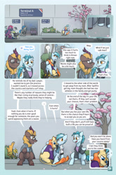 Size: 2079x3142 | Tagged: safe, artist:captainhoers, derpibooru import, oc, oc only, oc:aurora (hoers), oc:concorde, oc:harvest ember, oc:seafire, earth pony, kirin, pegasus, pony, unicorn, comic:stardust:the sky belongs to no one, ..., airport, bipedal, clothes, comic, consoling, crying, dialogue, female, high res, horn, hug, kirin oc, male, mare, offspring, parent:soarin', parent:spitfire, parents:soarinfire, security guard, speech bubble, sunglasses, uniform, winghug, wings