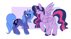 Size: 1275x707 | Tagged: safe, artist:lulubell, derpibooru import, princess luna, twilight sparkle, twilight sparkle (alicorn), alicorn, pony, butt, chest fluff, colored hooves, crossed legs, duo, duo female, ethereal mane, ethereal tail, eyes closed, eyeshadow, female, folded wings, freckles, gradient background, hooves, lesbian, looking at someone, makeup, mare, one wing out, open mouth, open smile, passepartout, plot, role reversal, s1 luna, shipping, smiling, sparkly mane, sparkly tail, tail, twiluna, unshorn fetlocks, wing freckles, wings