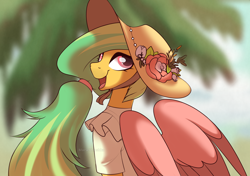 Size: 2894x2039 | Tagged: safe, artist:marsel1nushka, derpibooru import, oc, oc only, pegasus, pony, clothes, colored wings, flower, hat, open mouth, open smile, pegasus oc, smiling, solo, tree, two toned mane, wings