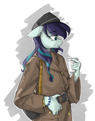 Size: 1800x2300 | Tagged: safe, artist:cirtierest, derpibooru import, coloratura, anthro, earth pony, g4, bracelet, clothes, coat, cup, ears, female, floppy ears, jewelry, looking away, solo