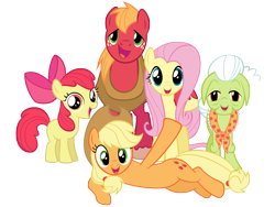 Size: 6000x4500 | Tagged: safe, anonymous artist, derpibooru import, apple bloom, applejack, big macintosh, fluttershy, granny smith, earth pony, pegasus, pony, g4, absurd resolution, adorabloom, apple bloom's bow, apple family, applejack's hat, blank flank, bow, clothes, cowboy hat, cute, female, filly, fluttermac, foal, hair bow, hat, hoof around neck, looking at you, lying down, male, mare, on side, open mouth, open smile, outstretched hoof, shipping, simple background, smiling, smiling at you, stallion, straight, transparent background, vector