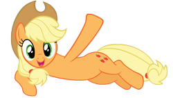 Size: 4000x2250 | Tagged: safe, anonymous artist, derpibooru import, applejack, earth pony, pony, g4, applejack's hat, clothes, cowboy hat, female, hat, high res, looking at you, lying down, mare, on side, open mouth, open smile, outstretched hoof, simple background, smiling, smiling at you, solo, transparent background, vector