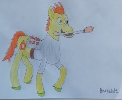 Size: 3032x2504 | Tagged: safe, artist:blackblade360, derpibooru import, oc, oc only, oc:blaze, earth pony, pony, fallout equestria, armor, clothes, colored pencil drawing, creepy, creepy smile, earth pony oc, fallout, green coat, irl, male, orange mane, orange tail, paper, photo, raider, raider armor, rapeface, signature, simple background, smiling, solo, stallion, stallion oc, tail, torch, traditional art, unshorn fetlocks, walking