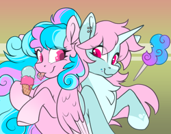 Size: 2550x2000 | Tagged: safe, artist:_candypone_, artist:spoopygander, derpibooru import, oc, oc only, oc:scoops, pegasus, pony, unicorn, chest fluff, cotton candy, cute, duo, female, food, gradient background, horn, ice cream, mare, tongue, tongue out