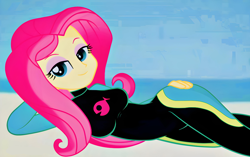 Size: 4096x2572 | Tagged: safe, artist:rosasmitt, derpibooru import, fluttershy, human, equestria girls, g4, bedroom eyes, clothes, female, fluttershy's wetsuit, looking at you, lying down, solo, swimsuit, wetsuit