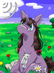 Size: 1535x2048 | Tagged: safe, artist:ange1egg, artist:mimill3, derpibooru import, oc, oc only, pony, unicorn, blue eyes, brown hair, brown tail, cloud, flower, grass, horn, outdoors, plushie, purple coat, sky, solo, tail, unicorn oc