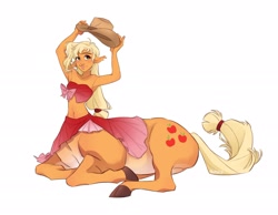 Size: 2048x1593 | Tagged: safe, artist:skirtzzz, derpibooru import, applejack, centaur, taur, g4, applejack's hat, clothes, cowboy hat, female, hat, hooves, lying down, signature, simple background, solo, tail, white background