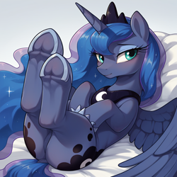 Size: 1024x1024 | Tagged: safe, ai content, derpibooru import, generator:stable diffusion, machine learning generated, princess luna, alicorn, pony, g4, blushing, butt, crown, cute, dock, ethereal mane, ethereal tail, featureless crotch, female, frog (hoof), hoof shoes, jewelry, legs in air, looking sideways, lunabetes, lying down, mare, on back, partially open wings, peytral, plot, princess shoes, prompter needed, regalia, solo, starry mane, tail, underhoof, wings