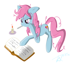 Size: 2000x1745 | Tagged: artist needed, safe, derpibooru import, oc, oc only, oc:maredrid, pony, book, candle, pencil in mouth, simple background, solo, white background