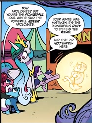 Size: 3420x4540 | Tagged: safe, artist:andypriceart, derpibooru import, edit, idw, auntie shadowfall, princess celestia, scarlet petal, starlight glimmer, twilight sparkle, winter comet, alicorn, earth pony, pony, unicorn, g4, spoiler:comic, spoiler:comic65, barrier, force field, horn, official comic, upscaled