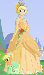 Size: 400x687 | Tagged: safe, artist:glittertiara, derpibooru import, applejack, human, pony, alternate hairstyle, applejack also dresses in style, clothes, disney, dress, evening gloves, female, flower, gloves, gown, jewelry, long gloves, mare, necklace, rose, smiling, the princess and the frog, tiana