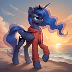 Size: 2048x2048 | Tagged: safe, ai content, derpibooru import, generator:stable diffusion, machine learning generated, princess luna, alicorn, pony, g4, beach, clothes, crown, cute, ear fluff, ears, folded wings, generator:autismmix pony, hoodie, horn, jewelry, lunabetes, prompter:liladash, regalia, solo, standing, sunset, water, wings