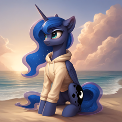 Size: 2048x2048 | Tagged: safe, ai content, derpibooru import, generator:stable diffusion, machine learning generated, princess luna, alicorn, pony, g4, beach, clothes, cloud, cute, ear fluff, ears, folded wings, generator:autismmix pony, hoodie, horn, looking away, lunabetes, prompter:liladash, sitting, solo, sunset, water, wings