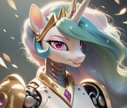 Size: 1024x878 | Tagged: safe, ai content, derpibooru import, generator:pony diffusion v6 xl, generator:stable diffusion, machine learning generated, princess celestia, anthro, robot, female, gynoid, prompter:teonanakatle, robolestia, roboticization, solo