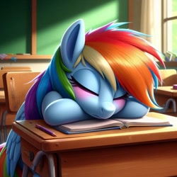 Size: 1024x1024 | Tagged: safe, ai content, derpibooru import, generator:bing image creator, generator:dall-e 3, machine learning generated, rainbow dash, pegasus, pony, g4, book, closed mouth, cute, dashabetes, desk, eyes closed, female, folded wings, mare, resting, school, school desk, sitting, sleeping, sleeping in class, sleepydash, solo, wings