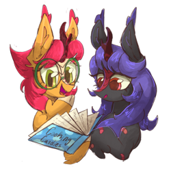 Size: 1444x1444 | Tagged: safe, artist:cupute, derpibooru import, oc, oc only, oc:amber phoenix, oc:ruby ash, kirin, bandaid, cook book, cooking, cute, ear fluff, ears, female, glasses, green eyes, long mane, orange coat, png, red eyes, siblings, simple background, sisters, smiling, transparent background