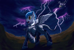 Size: 1500x1000 | Tagged: safe, artist:freemind, derpibooru import, pegasus, fallout equestria, armor, enclave, helicopter, lightning, male