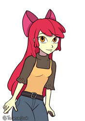 Size: 2039x2894 | Tagged: safe, artist:tacoman dusct, derpibooru import, apple bloom, equestria girls, g4, clothes, denim, jeans, looking at you, pants, simple background, smiling, smiling at you, solo, white background
