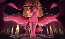 Size: 4500x2700 | Tagged: safe, artist:unt3n, derpibooru import, oc, oc only, oc:lumi heartstrings, alicorn, pony, candle, cloven hooves, commission, magic, magic circle, solo, spread wings, summoning, summoning circle, wings