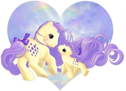 Size: 664x483 | Tagged: safe, artist:scholtenart, derpibooru import, lemon drop, earth pony, pony, g1, baby, baby lemon drop, baby pony, bow, cloud, female, filly, foal, heart, heart background, looking at each other, looking at someone, mother and child, mother and daughter, parent and child, rainbow, simple background, sky, tail, tail bow, white background