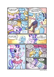 Size: 1414x2000 | Tagged: safe, artist:k-nattoh, derpibooru import, starlight glimmer, trixie, pony, unicorn, animal costume, bunny costume, clothes, comic, costume, cute, dialogue, duo, female, heart, horn, lesbian, school uniform, shipping, skirt, speech bubble, startrix, stockings, text, thigh highs