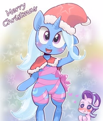 Size: 1354x1600 | Tagged: safe, artist:k-nattoh, derpibooru import, starlight glimmer, trixie, pony, unicorn, bipedal, blood, blushing, christmas, duo, female, gradient background, hat, heart, heart eyes, holiday, horn, lesbian, mare, nosebleed, open mouth, ribbon, santa hat, shipping, smiling, standing, stars, startrix, wingding eyes