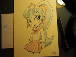 Size: 4096x3072 | Tagged: safe, artist:k-nattoh, derpibooru import, sonata dusk, human, equestria girls, g4, bow, clothes, hair bow, paper, photo, school uniform, skirt, smiling, solo