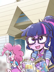 Size: 600x800 | Tagged: safe, artist:k-nattoh, derpibooru import, pinkie pie, sci-twi, starlight glimmer, trixie, twilight sparkle, human, pony, unicorn, equestria girls, g4, book, glasses, horn, open mouth, ponytail, smiling