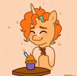 Size: 1864x1838 | Tagged: safe, artist:starburstuwu, derpibooru import, oc, oc only, oc:starburst (starburstuwu), pony, unicorn, birthday, candle, cupcake, cute, eyes closed, food, happy, horn, not sunburst, ocbetes, smiling, solo, unicorn oc