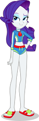 Size: 1257x3889 | Tagged: safe, artist:dustinwatsongkx, derpibooru import, rarity, human, equestria girls, g4, applejack's beach shorts swimsuit, clothes, clothes swap, geode of super strength, magical geodes, sandals, simple background, solo, swimsuit, swimsuit swap, transparent background, vector