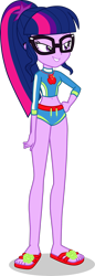 Size: 1280x3726 | Tagged: safe, artist:dustinwatsongkx, derpibooru import, sci-twi, twilight sparkle, human, equestria girls, g4, applejack's beach shorts swimsuit, clothes, clothes swap, female, geode of super strength, magical geodes, sandals, simple background, solo, swimsuit, swimsuit swap, transparent background, vector