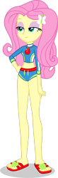 Size: 1280x3893 | Tagged: safe, artist:dustinwatsongkx, derpibooru import, fluttershy, human, equestria girls, g4, applejack's beach shorts swimsuit, clothes, clothes swap, female, geode of super strength, magical geodes, sandals, simple background, solo, swimsuit, swimsuit swap, transparent background, vector