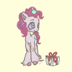 Size: 1074x1074 | Tagged: safe, artist:tuskonline, derpibooru import, pinkie pie, earth pony, pony, g4, balloon, bandaid, blue eyes, candy, female, food, lollipop, mare, pink hair, pink mane, pink tail, present, simple background, tail, yellow background