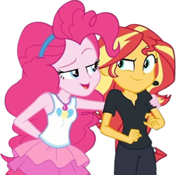 Size: 2542x2520 | Tagged: safe, derpibooru import, edit, edited screencap, editor:homersimpson1983, screencap, pinkie pie, sunset shimmer, human, equestria girls, g4, background removed, director shimmer, duo, duo female, female, geode of sugar bombs, headphones, headset, magical geodes, microphone, not a vector