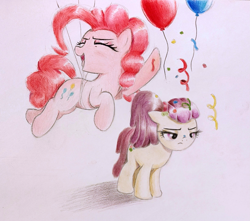 Size: 2357x2080 | Tagged: safe, artist:mizhisha, derpibooru import, lily pad (equestria girls), pinkie pie, pony, balloon, colored pencil drawing, confetti, duo, equestria girls ponified, ponified, requested art, species swap, traditional art