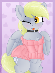 Size: 3016x4032 | Tagged: safe, artist:pabbley, artist:rainbowšpekgs, derpibooru import, derpy hooves, pegasus, pony, g4, bipedal, blushing, chest fluff, choker, clothes, collar, cute, derpabetes, female, heart, heart eyes, mare, off shoulder, off shoulder sweater, one eye closed, solo, sweater, sweater dress, tongue, tongue out, wide hips, wingding eyes, wings, wink