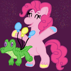 Size: 1000x1000 | Tagged: safe, artist:mintwhistle, derpibooru import, gummy, pinkie pie, alligator, earth pony, pony, g4, atg 2024, balloon, bipedal, celebration, colored hooves, confetti, dark pink background, duo, duo male and female, eyes closed, female, floating, hooves, male, mare, medibang paint, missing cutie mark, multicolored hooves, newbie artist training grounds, open mouth, open smile, pink background, simple background, smiling, unshorn fetlocks, when he smiles