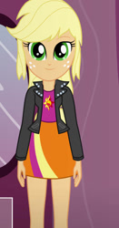 Size: 490x936 | Tagged: safe, artist:qbert2kcat, derpibooru import, applejack, equestria girls, g4, clothes, clothes swap, jacket, shirt, skirt, solo