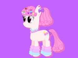 Size: 1024x768 | Tagged: safe, artist:lnx1ynight16, derpibooru import, oc, oc only, oc:confetti kei, earth pony, pony, clothes, ear piercing, eyelashes, female, hair accessory, jewelry, leg warmers, mare, necklace, piercing, pink mane, pink tail, ponytail, purple background, simple background, smiling, solo, tail