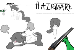 Size: 1598x1080 | Tagged: safe, derpibooru import, oc, oc:anon, oc:fluffy fluster, earth pony, pony, spider, g4, blushing, clothes, ears, female, floppy ears, flustered, frown, gun, hair over eyes, looking at you, mare, meme, monochrome, raised hoof, raised leg, reaction image, shotgun, socks, striped socks, weapon