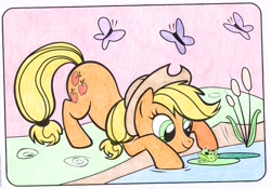 Size: 3240x2268 | Tagged: safe, artist:lullapiies, derpibooru import, applejack, butterfly, frog, pony, coloring page, lilypad, solo, traditional art