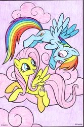 Size: 2076x3126 | Tagged: safe, artist:lullapiies, derpibooru import, fluttershy, rainbow dash, pony, cloud, coloring page, flying, traditional art