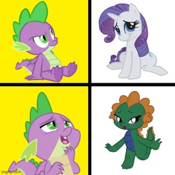 Size: 500x500 | Tagged: safe, artist:candy meow, editor:railpony, rarity, spike, oc, oc:emziko, dragon, pony, unicorn, g4, banned from derpibooru, canon x oc, deleted from derpibooru, dragon oc, dragoness, drake, fangs, female, female oc, horn, hotline bling, image, imgflip, jpeg, male, male and female, meme, my little pony best gift ever, non-pony oc, ponified, ponified meme, shipping, shipping war, sitting, species swap, spiko, straight, trio, trio male and female, winged spike, wings