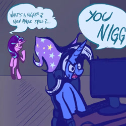 Size: 605x605 | Tagged: safe, artist:spokvray, twibooru import, starlight glimmer, trixie, angry, clothes, computer, computer mouse, computer screen, gamer, hat, nigger, speech bubble, swearing, text, trixie's hat, vulgar