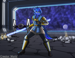 Size: 1800x1400 | Tagged: safe, artist:creatorworld, derpibooru import, oc, oc only, oc:guard cobalt flash, anthro, armor, blaster, jedi, lightsaber, space, star wars, starfighter, stormtrooper, tie fighter, weapon