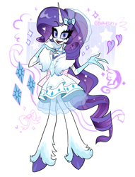 Size: 1691x2212 | Tagged: safe, artist:budweiset, derpibooru import, part of a set, rarity, anthro, demon, unguligrade anthro, g4, bracelet, clothes, colored sclera, cutie mark, cutie mark background, cutie mark on clothes, demonized, dress, evening gloves, fangs, feather boa, female, gloves, hand on chest, heart, hellaverse, horn, jewelry, long gloves, looking at you, necklace, open mouth, open smile, passepartout, purple sclera, simple background, smiling, solo, species swap, standing, thick eyelashes, unshorn fetlocks, white background