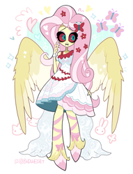 Size: 1691x2212 | Tagged: safe, artist:budweiset, derpibooru import, part of a set, fluttershy, anthro, demon, unguligrade anthro, g4, clothes, colored sclera, cutie mark, cutie mark background, cutie mark on clothes, demonized, dress, eyeshadow, fangs, female, flower, flower in hair, heart, hellaverse, looking at you, makeup, passepartout, pink eyeshadow, red sclera, simple background, solo, sparkles, species swap, standing, thick eyelashes, unshorn fetlocks, white background, wings