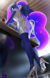 Size: 2160x3320 | Tagged: safe, artist:shadowboltsfm, derpibooru import, princess luna, alicorn, anthro, plantigrade anthro, g4, 3d, anklet, blender, breasts, clothes, dress, eyeshadow, female, glass, high heels, high res, horn, jewelry, legs, low angle, makeup, not sfm, ponytail, shoes, smiling, solo, sparkly mane, sparkly tail, tail, wine glass, wings