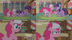 Size: 2000x1125 | Tagged: safe, derpibooru import, edit, edited screencap, editor:quoterific, screencap, pinkie pie, twilight sparkle, unicorn twilight, unicorn, baby cakes, g4, diaper, sugarcube corner